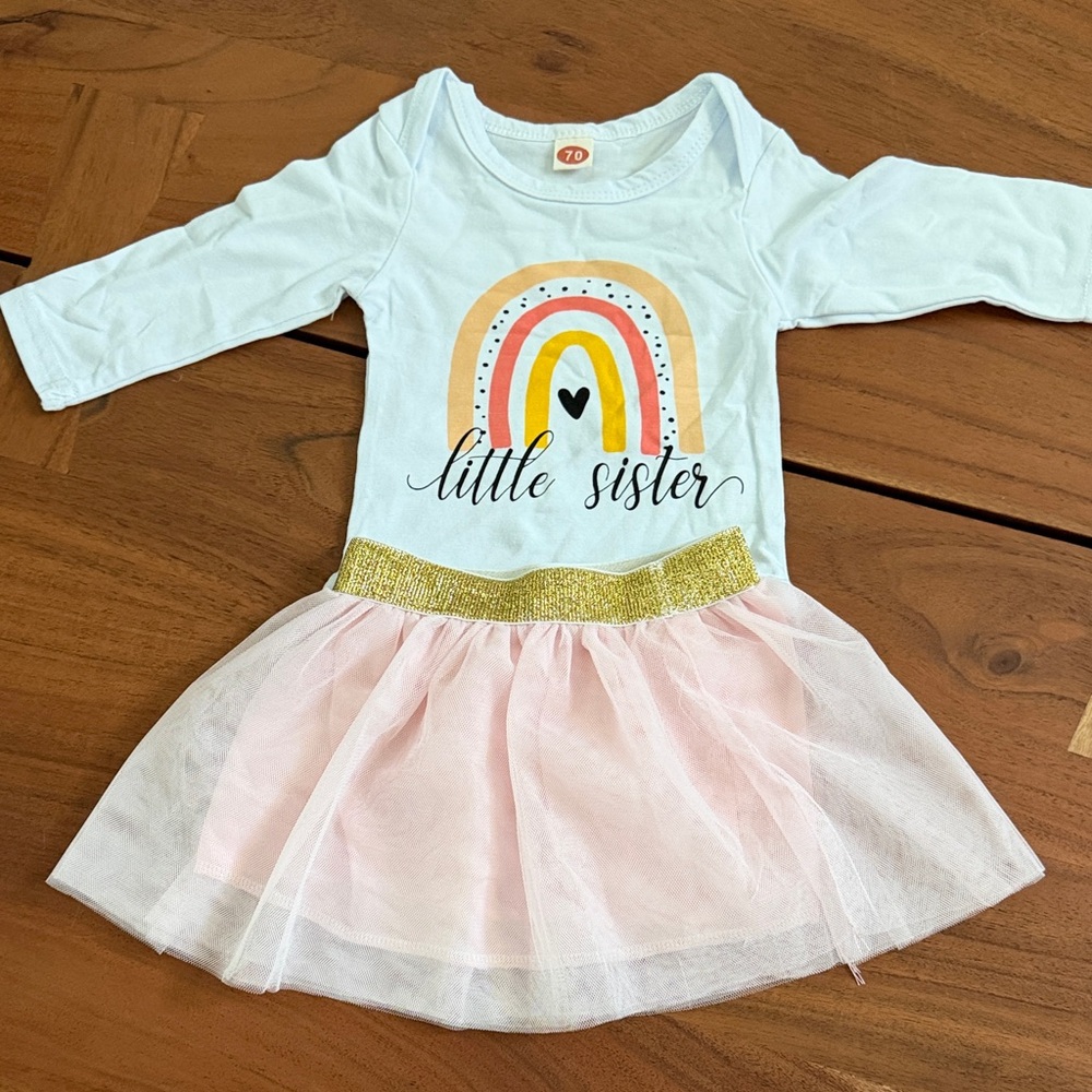 Little Sister Rainbow Tulle Dress - White, Pink, Gold